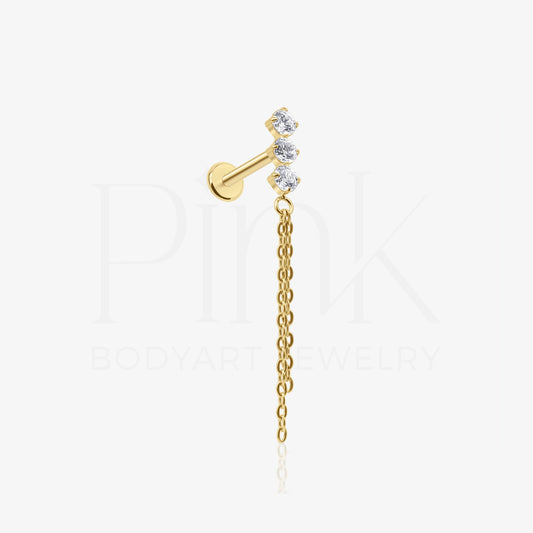 Labret Trio Zirconia Round Dupla Corrente Gold PP